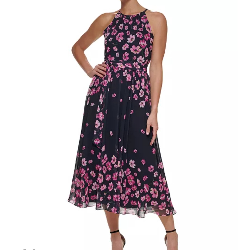 DKNY Floral Halter Midi Dress Navy & Pink SZ 10